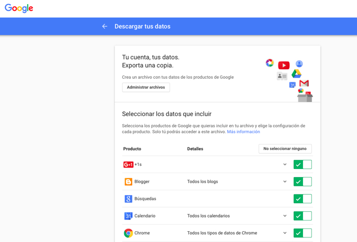 Google Takeout seleccionar