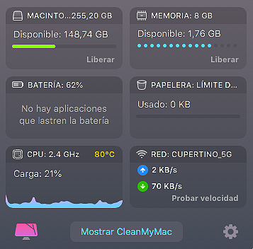 El widget de acceso rápido de CleanMyMac X