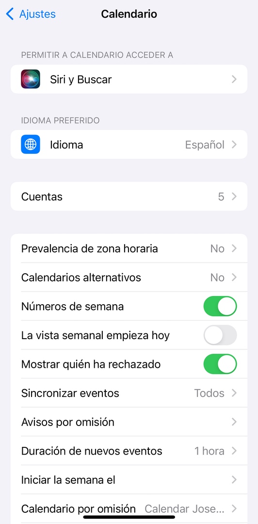 Ajustes de la app nativa Calendario en el iPhone