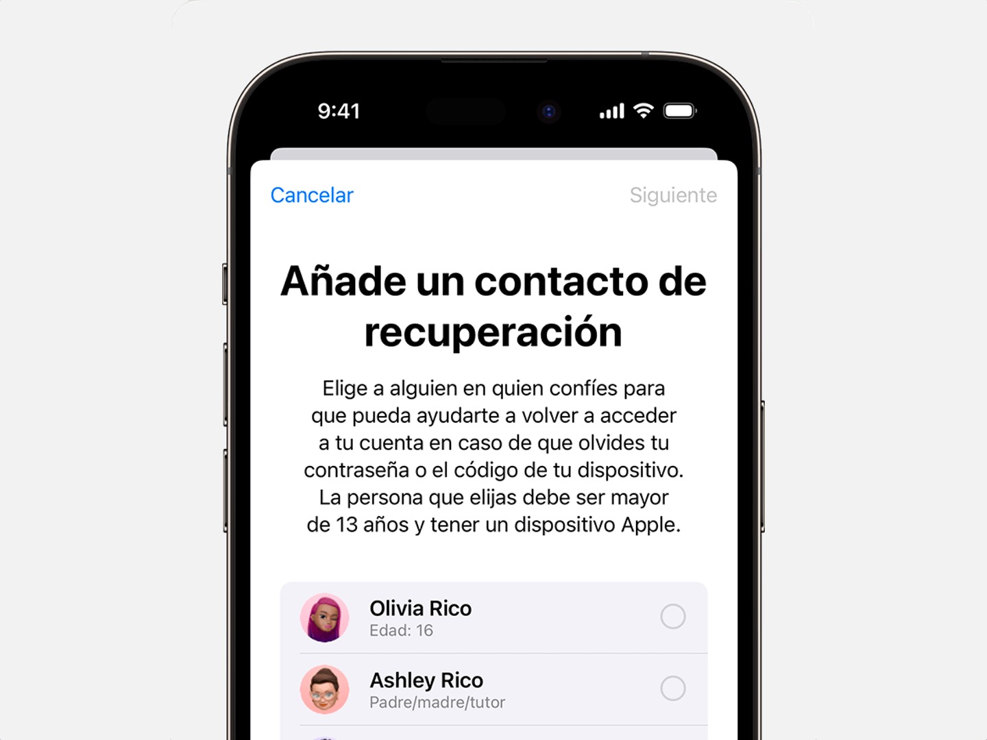 Añadir contacto de recuperación de cuenta