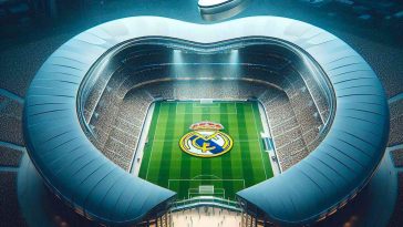 imagen de un estadio de fútbol con la forma del logo de Apple y el escudo del Real Madrid en el centro del campo