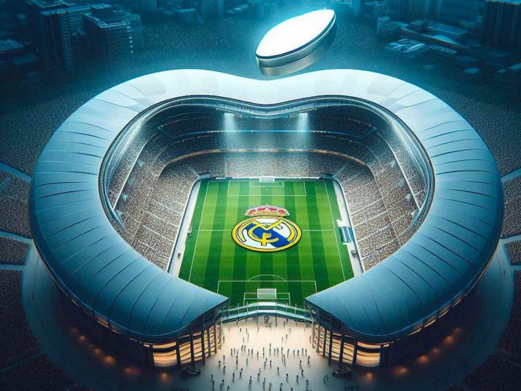 imagen de un estadio de fútbol con la forma del logo de Apple y el escudo del Real Madrid en el centro del campo