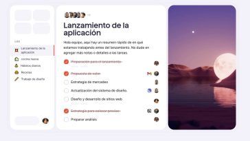 imagen de la app Superlist donde se puede ver varios apartados de la aplicación, con un proyecto y tareas compartidas de forma colaborativa con otros usuarios