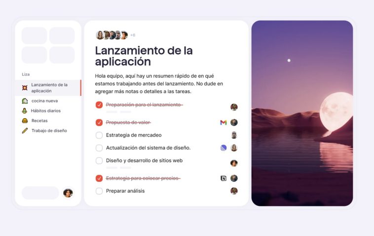 imagen de la app Superlist donde se puede ver varios apartados de la aplicación, con un proyecto y tareas compartidas de forma colaborativa con otros usuarios