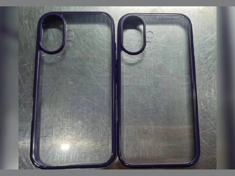 imagen donde se ven dos supuestas fundas el iPhone 16 con un módulo de cámaras en forma de píldora, como los iPhone 16