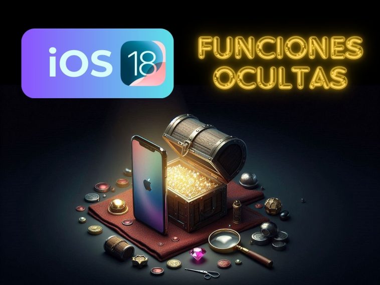 Funciones ocultas en iOS 18: En la imagen se ve un iPhone junto con un cofre del tesoro y un montón de joyas desperdigadas a su alrededor. También se aprecia una lupa.