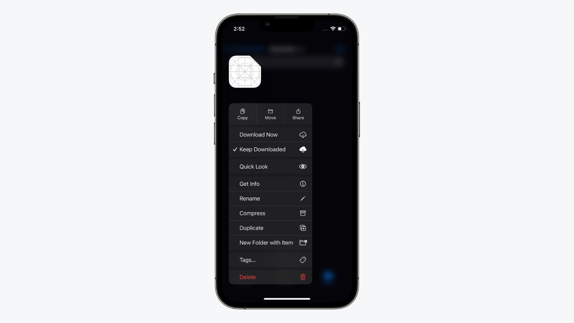 Captura de pantalla de la aplicación mejorada de Archivos en iOS 18 donde se destaca la función "Mantén descargado" 