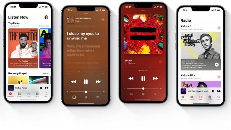 Capturas de pantalla de varias funciones de Apple Music en el iPhone