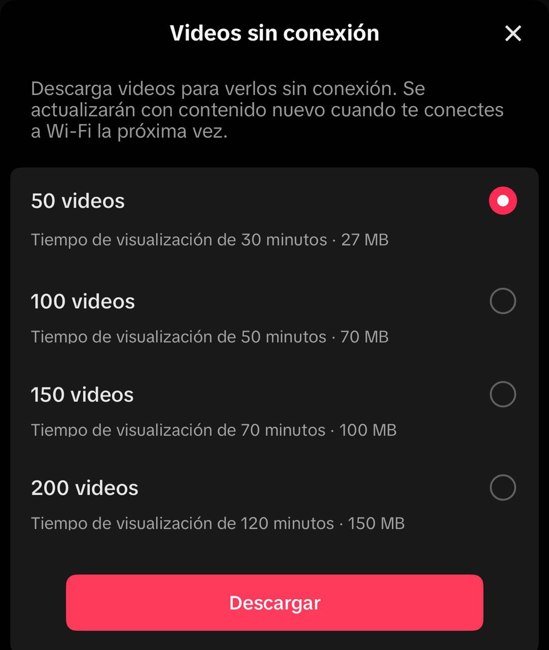 Menú donde puedes ver la cantidad de videos que te puedes descargar, va de 50 a 200 videos, la duración aproximada y el espacio que te ocuparán en tu dispositivo. 