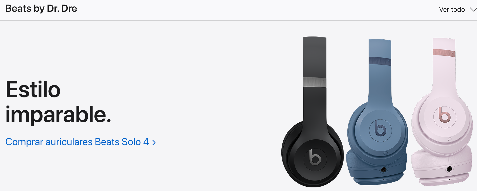 Linea actual de alguno de los productos de Beats. En la imagen sale ek nuevo Beats Solo 4, un auricular de tipo diadema que todavia conserva la "b" en el exterior del driver y en 3 colores disponibles, negro, azul y rosa