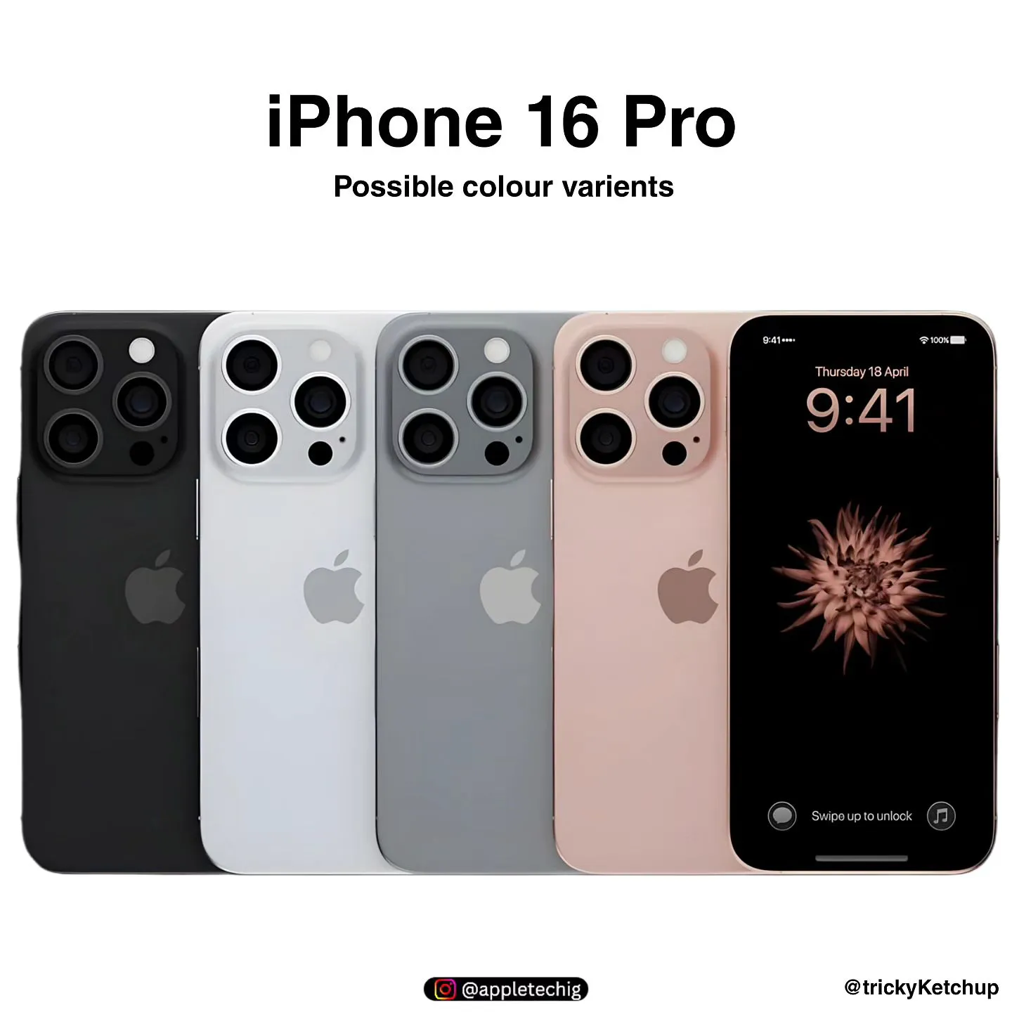 Imagen de los colores del iPhone 16 Pro, negro, blanco, gris y rosa