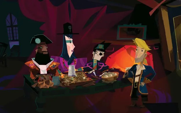 Los tres piratas en el Scumm Bar, el único de toda la isla de Monkey Island. También se ve a Guybrush Threepwood, personaje protagonista de la saga