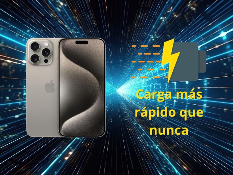 En la imagen se aprecia un iPhone y al lado un logotipo de carga rápida y una leyenda debajo de él que indica: Carga más rápido que nunca