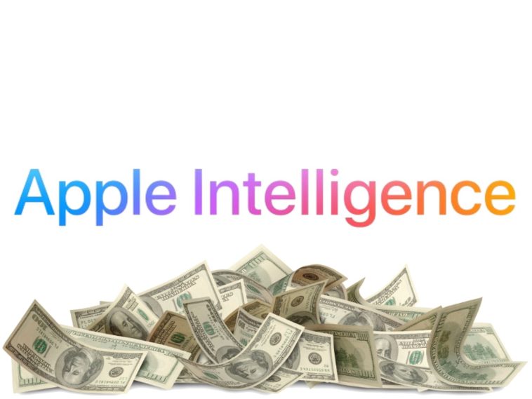 Letras de Apple Intelligence en el centro de la imagen y una cama de dinero debajo.