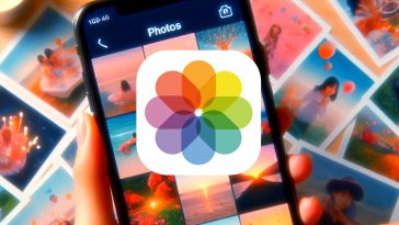 imagen donde se ve el logo de la app Fotos del iPhone en el centro y de fonto un iPhone con la app Fotos abierta