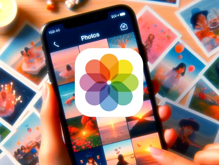 imagen donde se ve el logo de la app Fotos del iPhone en el centro y de fonto un iPhone con la app Fotos abierta