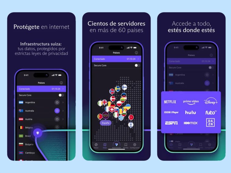 imagen de varias pantallas de la app Proton VPN