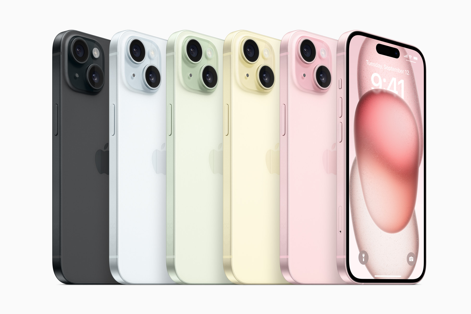 Colores del actual iPhone 15. De izquierda a derecha: negro, azul, verde, amarillo y rosa.