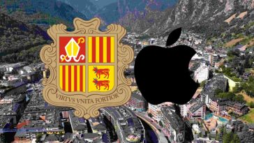 imagen donde de fondo se ve Andorra y superpuestos el logo de Apple a la derecha y el escudo de Andorra a la izquierda