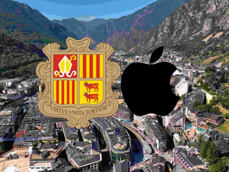 imagen donde de fondo se ve Andorra y superpuestos el logo de Apple a la derecha y el escudo de Andorra a la izquierda