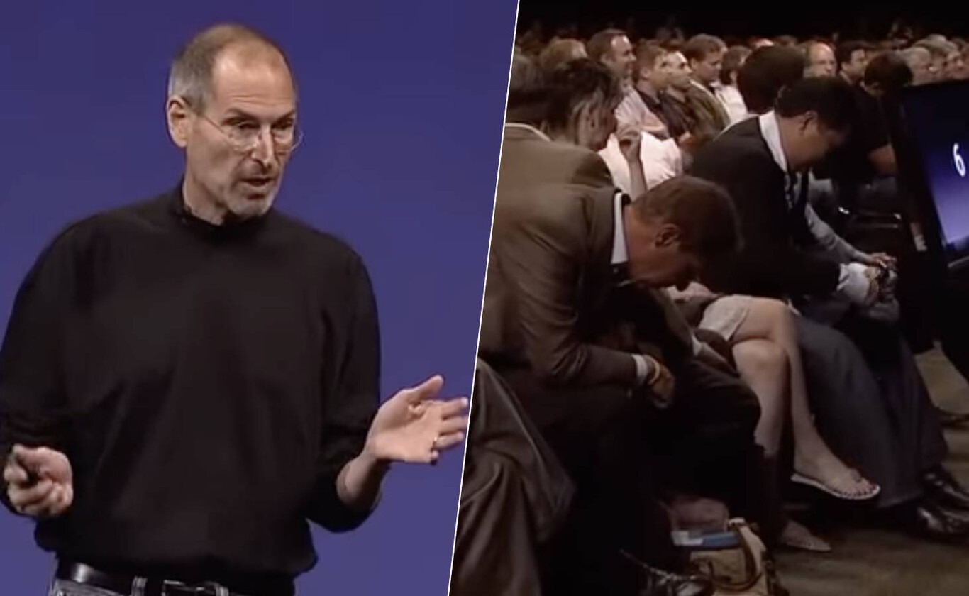 En la imagen se ve a Steve Jobs pidiendo que desconecten los dispositivos del wifi y a los asistentes haciéndole caso.