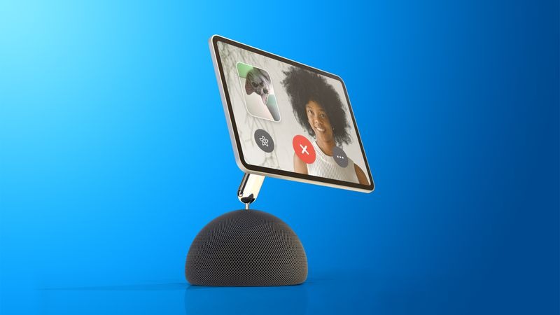 En la imagen aparece un concepto de un HomePod con un brazo metálico y una pantalla de un iPad, todo unido. Parece un iMac Lamparita con altavoz en la base y la pantalla extraíble. 