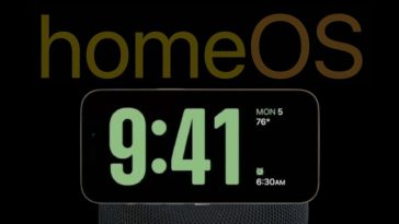 homeOS y un HomePod con la pantalla en modo StandBy de los iPhone