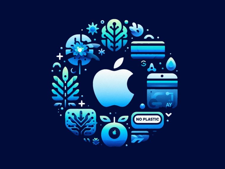 imagen generada por IA donde se aprecia el logo de apple en el centro y otras imágenes de decoración, una de ellas simula una targeta de crédito con la frase "no plastic" en su interior