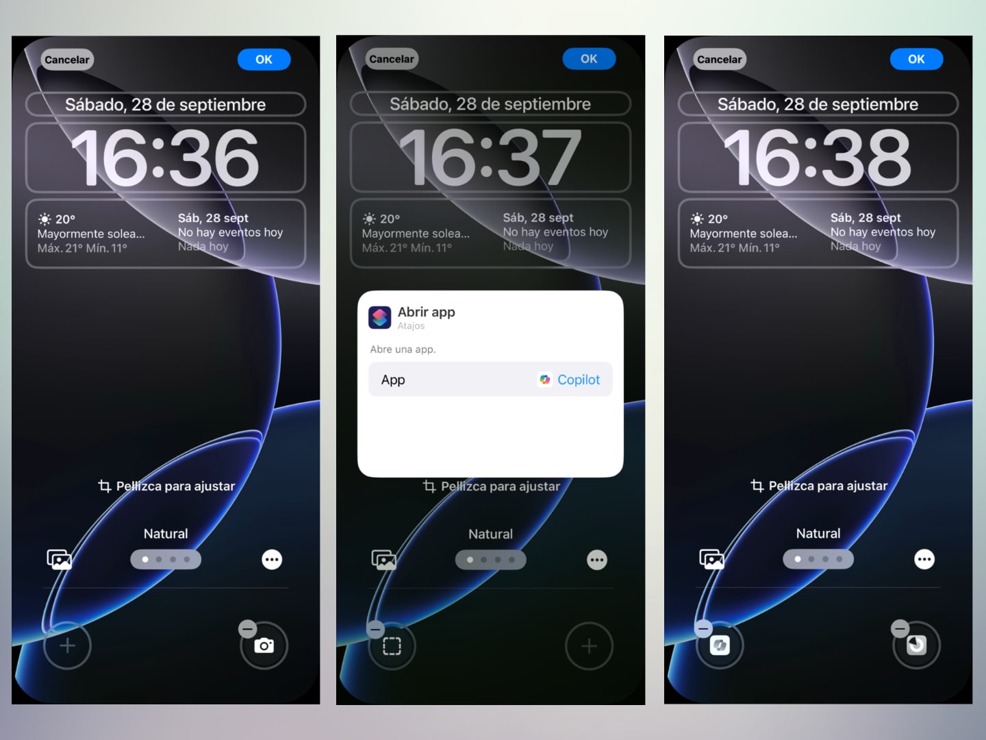 imagen de 3 pantallas de configuración de la pantalla de bloqueo del iPhone