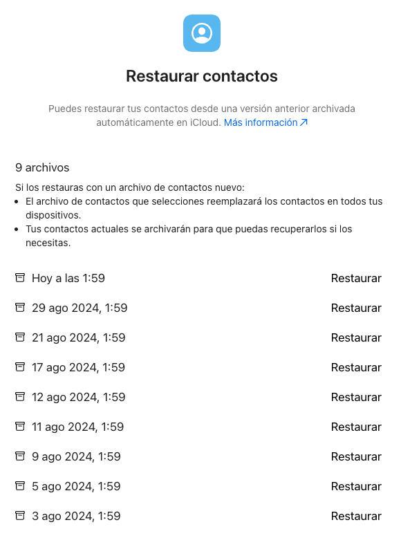 imagen donde se ven las diferentes copias de los contactos del iPhone para restaurar desde icloud.com