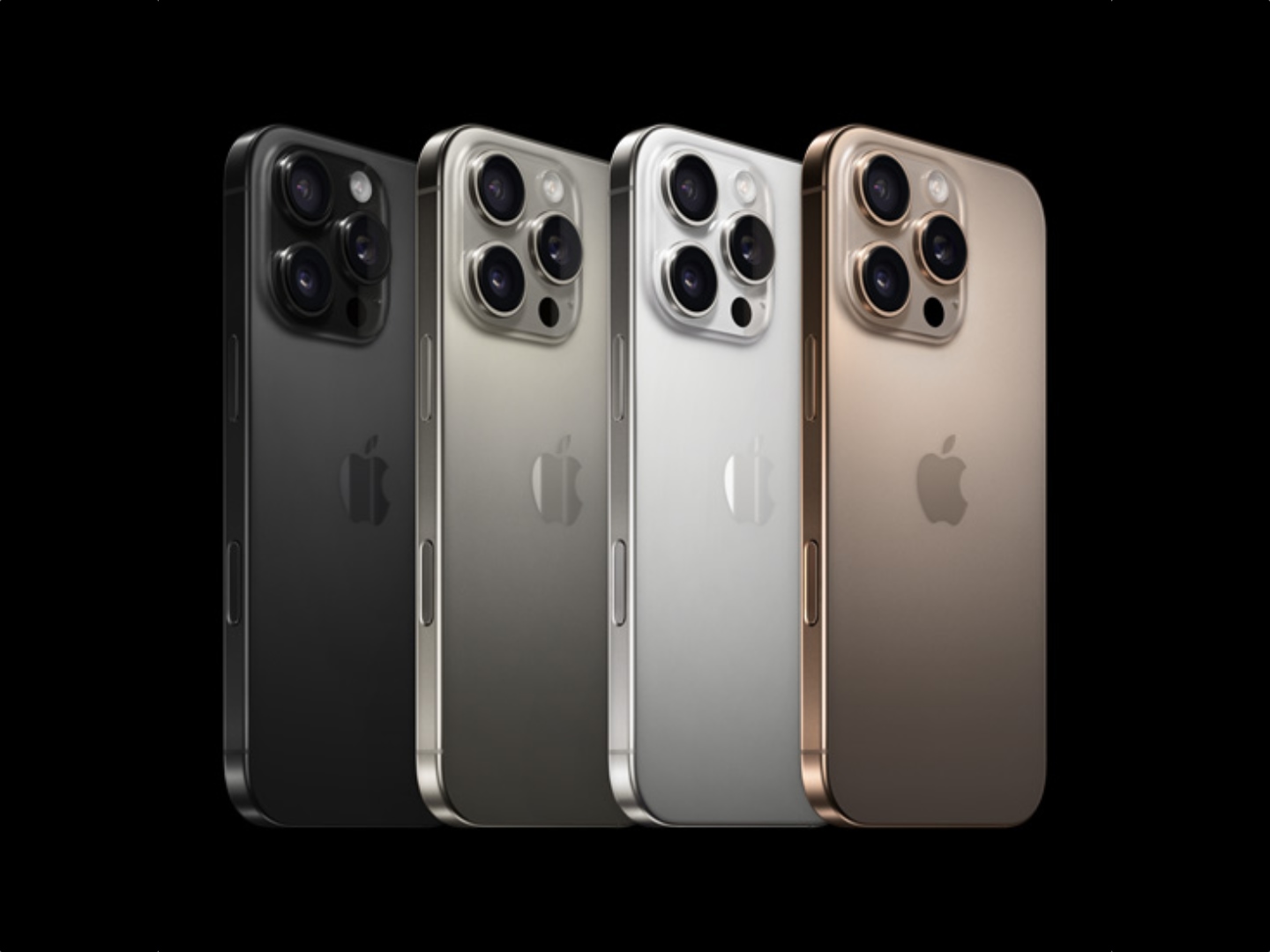 imagen donde se ven los nuevos iPhone 16 Pro, con sus respectivos colores desierto, negro, blanco y natural