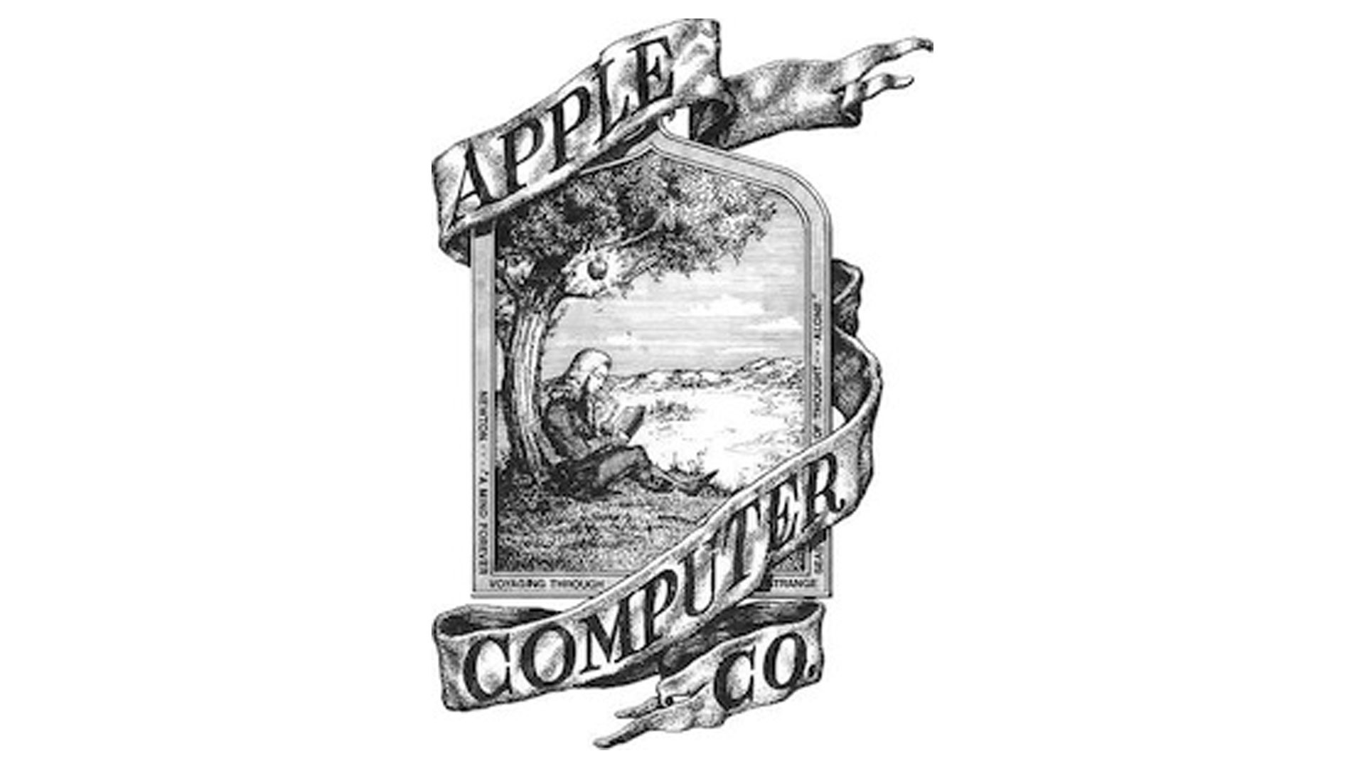 Primer logo de Apple, donde se ve a Isaac Newton sentado junto a un manzano. 