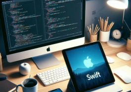 imagen donde se ve un escritorio con un iMac y un iPad, en modo programación con Swift