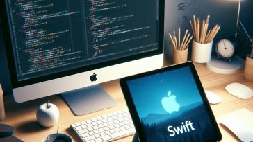 imagen donde se ve un escritorio con un iMac y un iPad, en modo programación con Swift