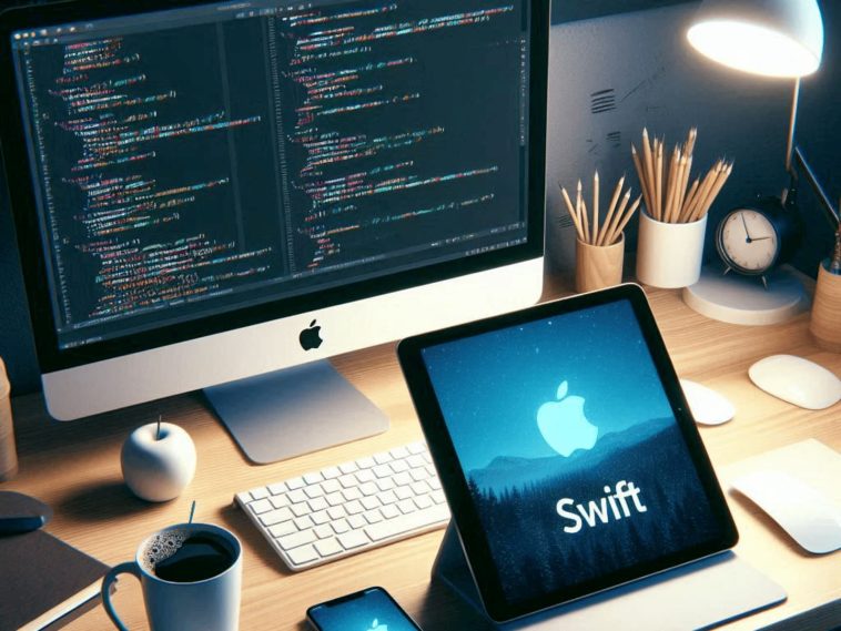 imagen donde se ve un escritorio con un iMac y un iPad, en modo programación con Swift