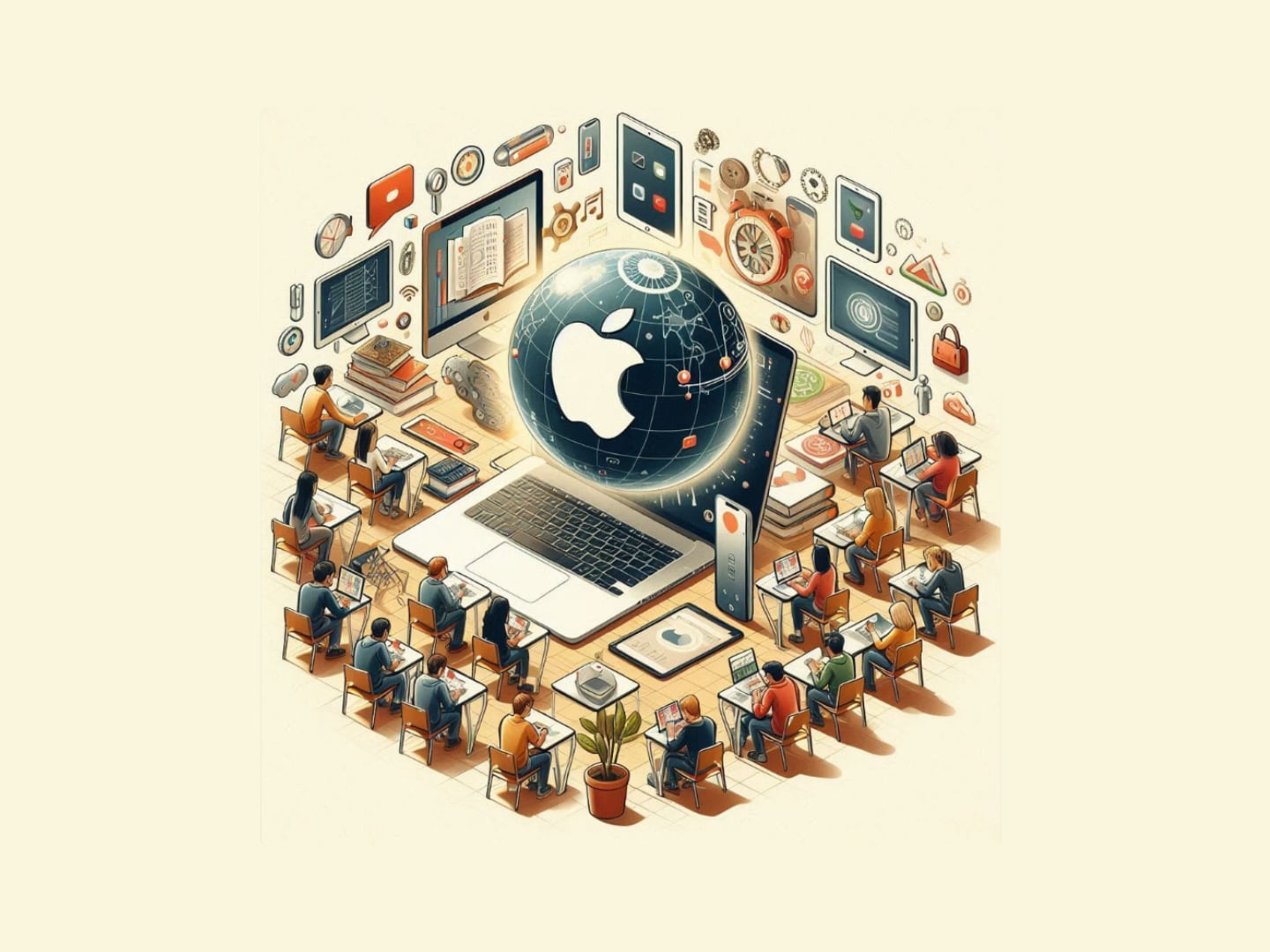 La imagen muestra un aula con estudiantes sentados en sus escritorios, cada uno con un dispositivo Apple (MacBooks, iPads, iPhones). En el centro del aula, flotando sobre un MacBook abierto, hay un globo terráqueo con el logo de Apple. Alrededor del globo, hay una variedad de iconos que representan diferentes aplicaciones y funciones de los dispositivos Apple, como una lupa, un reloj, un libro, etc. La ilustración sugiere que Apple está presente en todo el mundo y que sus productos son utilizados por personas de todas las edades y en diversos contextos, incluyendo la educación. La imagen transmite una sensación de conectividad global y de innovación tecnológica