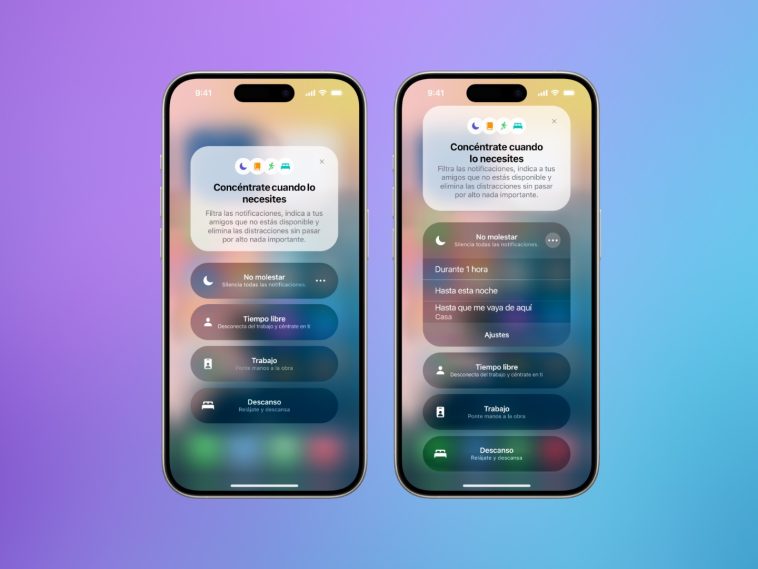 imagen donde se ven dos iPhone con la pantalla de configuración de un modo de concentración