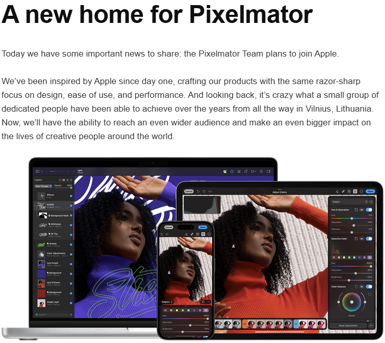 Nota de prensa de Pixelmator tras la adquisición por parte de Apple. 