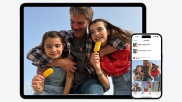 El iPhone en familia es mejor y aquí se muestra una foto de un iPhone y un iPad con una familia de fondo en la pantalla