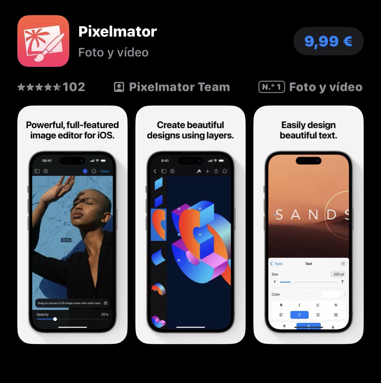 Captura de pantalla de la App Store de España con Pixelmator en posición nº1 