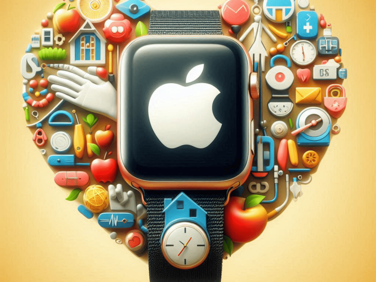 imagen creada por IA donde se ve un apple watch sobre un gran corazon que emula lo que sería la Salud