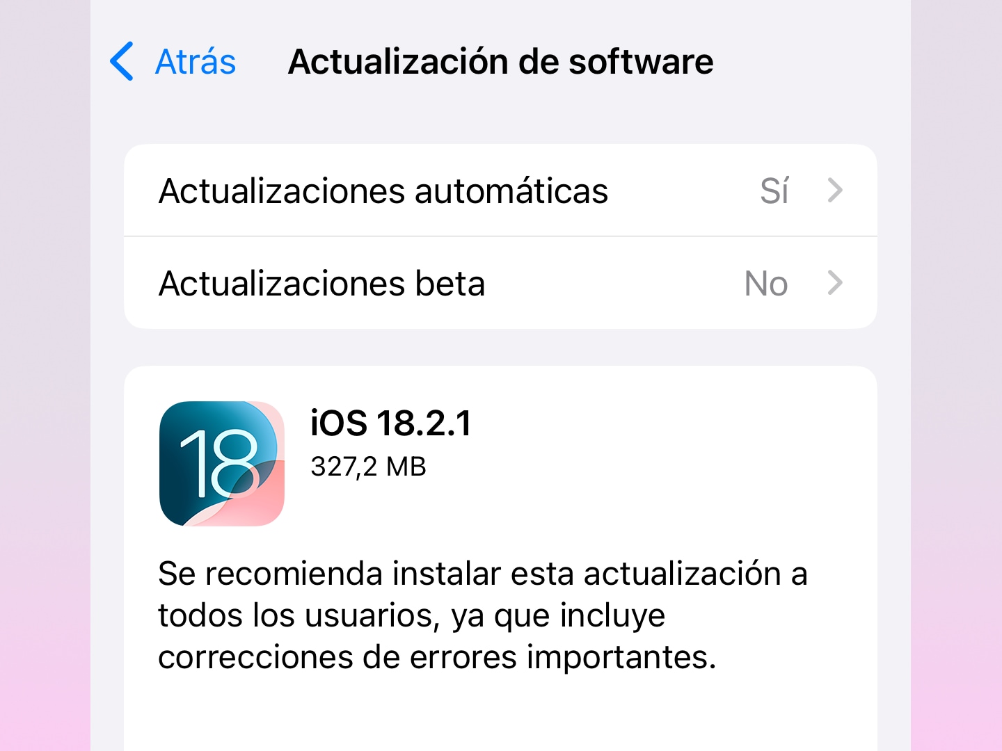 imagen donde se ve la opción para actualizar el iPhone e iPad a iOS & iPadOS 18.2.1