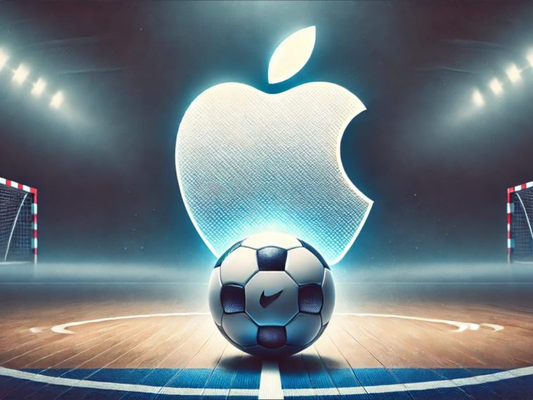 imagen generada por IA donde se ve una cancha de fútbol sala, el logo de Apple y un balón en el centro del campo