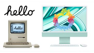 imagen donde se ve la evolución de la gama Mac, en concreto el primero de ellos hasta el útimo iMac de 24 pulgadas