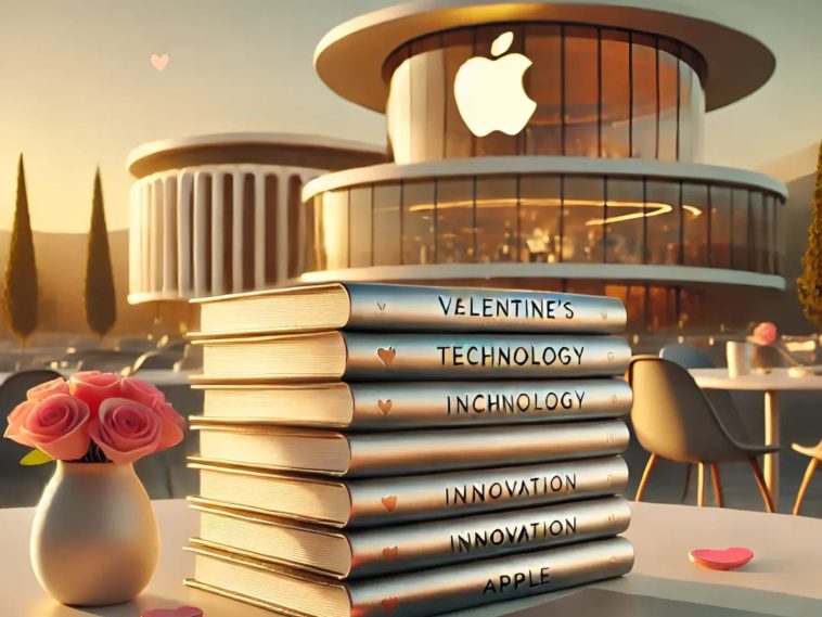 imagen generada por IA donde se puede ver unos libros apilados y el logo de Apple en un edificio en el fondo