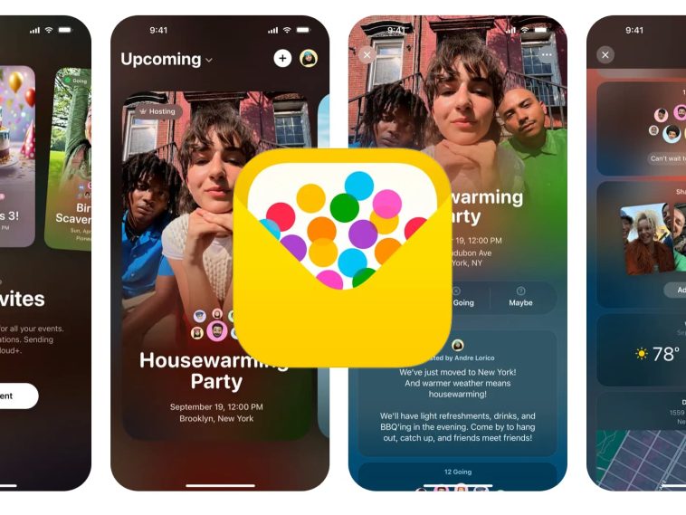 imagen donde se ve el logo de la nueva App de Apple llamada Invites, se ve un sobre de color amarillo abierto y dentro unas boitas de colores