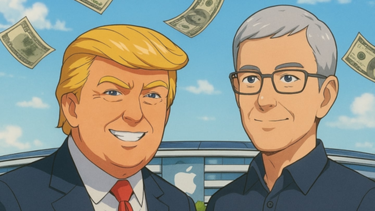 imagen donde se ve en formato cómic la imagen de Donald Trump junto a Tim Cook y billetes de dólares volando por el aire