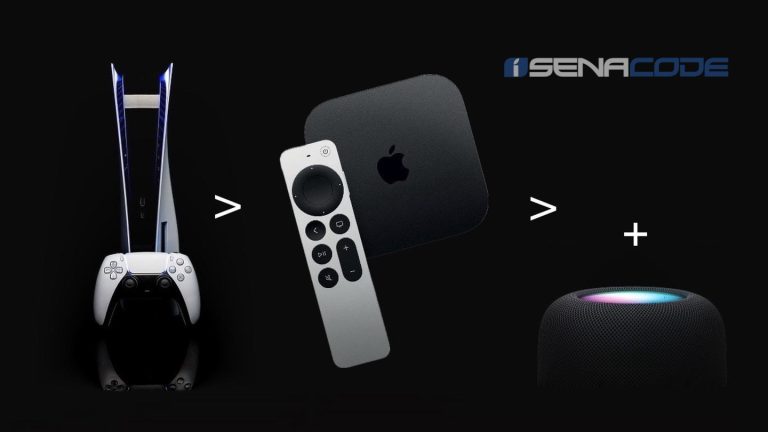imagen donde se puede apreciar el combo perfecto: Apple TV 4K, HomePod y la PlayStation