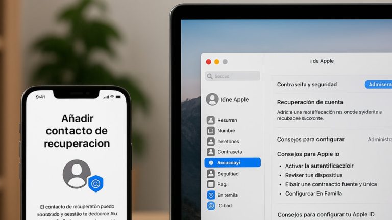 Imagen donde se ve un iPhone en la pantalla de Añadir contacto de recuperación de cuenta de Apple. Y un Mac con la pantalla de configuración de lo mismo