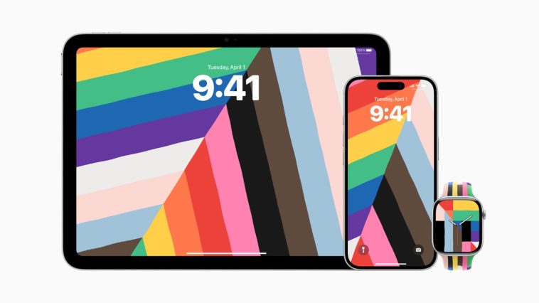 imagen donde podemos apreciar la nueva correa colorida del Orgullo 2025 para el Apple Watch y los nuevos fondos de pantalla